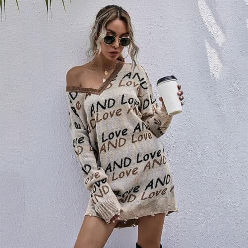 Women Autumn Winter Love Knitted Pullovers Sexy V Neck Ladies Dress Letter Print Jumper Sweater Dress
