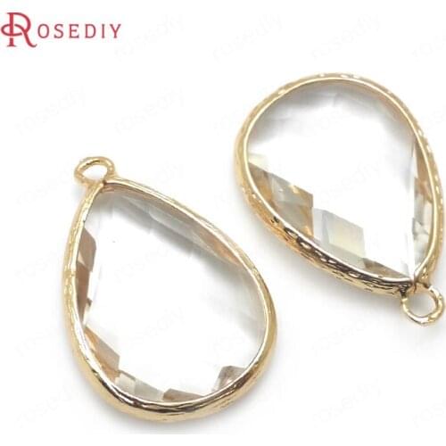 36405)6PCS 30x20MM 24K Champagne Gold Color Brass with White Glass Faceted Drop Shape Charms Pendants Accessories
