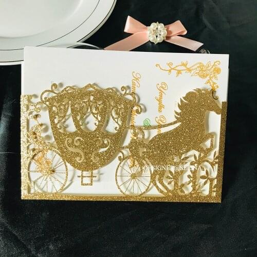 50pc King and Quieen Gold Glittery Horse Carriage Laser Cut Invitations for Wedding Party Floral Patterned Quinceanera Invites