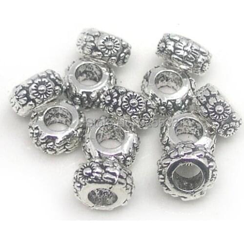 Free shipping 25pcs/lot 11x11x6mm silver plated alloy round flower beads big hole charms fit European DIY bracelet jewelry DIY