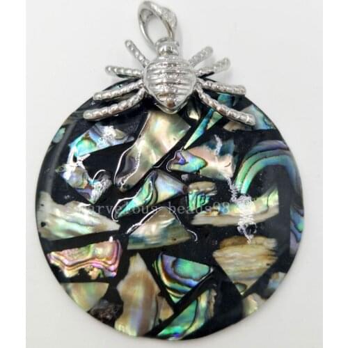Free shipping Fashion Jewelry New Zealand Ablone Shell Round Spider Art Pendant Bead MC5838