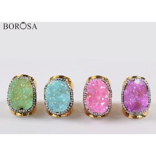 BOROSA Dropship Fashion Gild Rhinestone Paved Natural Agates Druzy Band Ring Rainbow Titanium Drusy Rings Jewelry JAB964