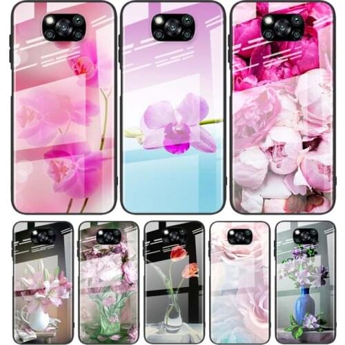 Tempered Glass Cover Luxury Pink Flower Peony For Xiaomi Mi POCO F3 F2 X3 NFC X2 M2 Pro Shockproof Shell Phone Case