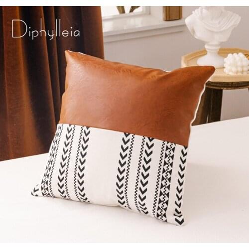 Diphylleia Rust Brown Faux Leather Cotton Cushion Cover Geometric Patterns Print Boho Style Pillowcase Free Shipping