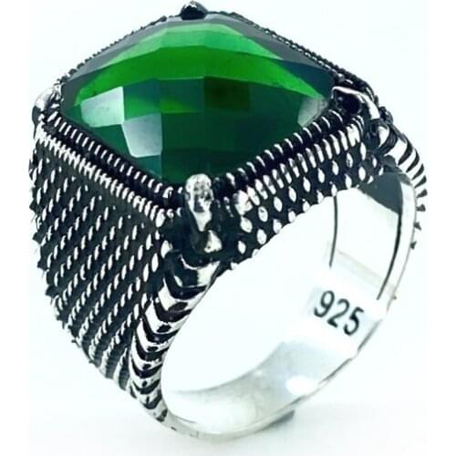 Emerald green Square Top Quality Silver Men 'S Ring
