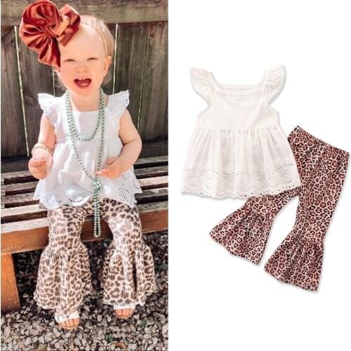 FOCUSNORM Summer 2pcs Lovely Baby Girls Clothes Sets Lace Ruffles Short Sleeve T Shirts Leopard Flare Pants Outfits 1-6Y