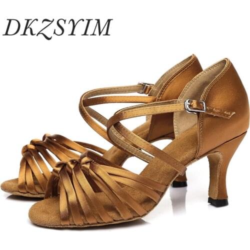 DKZSYIM Brown Latin Dance Shoes Satin Ballroom Dancing Salsa Tango Jazz Shoes Soft Soles Professional Dance Sandals High Heels