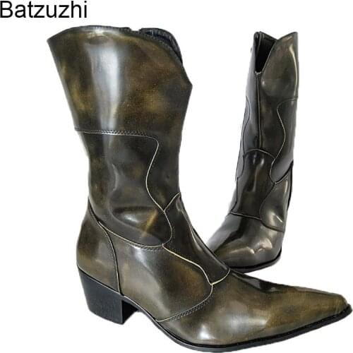 Western Cowboy Boots Men Medium-calf Genuine Leather Mens Boots 6.5cm Heels Botas Hombre Motorcycle Military Boots Male, EU38-46