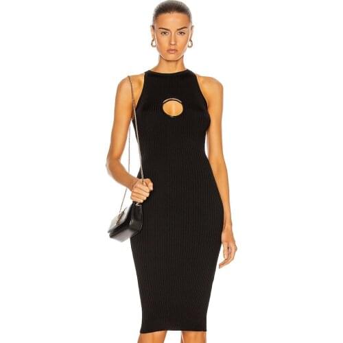 Solid Black Or White Polished Gold Tone Metal O Ring Front Sleeveless Round Neck Bandage Dresses