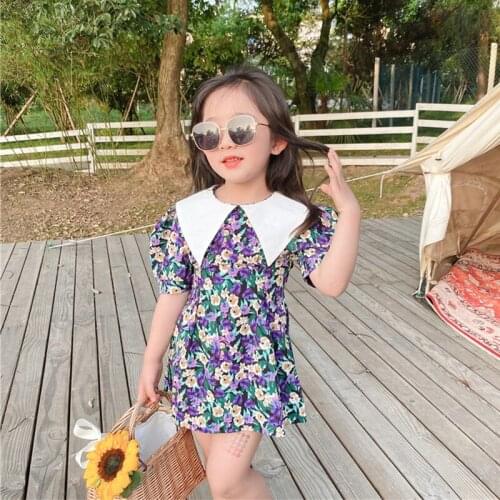 2021 Summer Little Girls Dress Short Puff Sleeve Floral Chiffon Princess Dresses Fashion Sweet Dresses Toddler Children Clothing