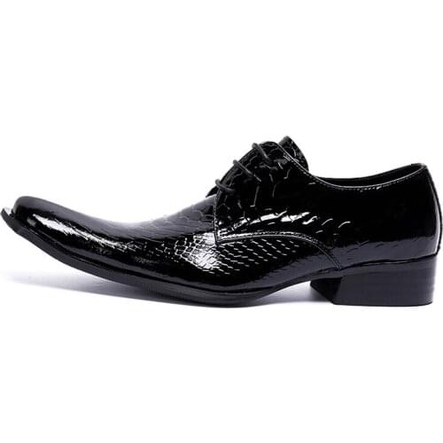 Luxury Band Genuine Leather Shoes Black Pointed Toe Snake Skin Prints Office Wedding Formal Lace Up Oxford Shoes For Men