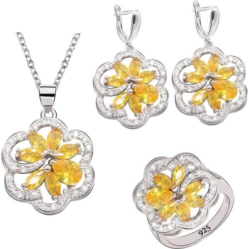 Yellow Zircon 925 Silver Jewelry Set for Women Birthday Gift Earrings Necklace pendant Ring 6 Colors Available