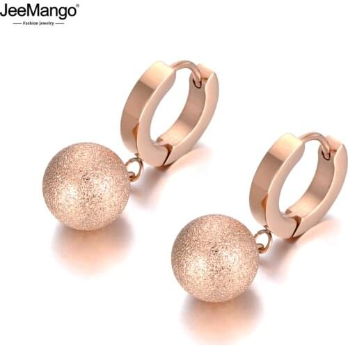 JeeMango Office Style Frosted Ball Hoop Earrings For Women Rose Gold Titanium Stainless Steel Party Earrings Jewelry JE19221