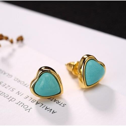 One LuYin S925 pure silver plating natural turquoise inlay ms han edition sweet love stud earrings joker earrings