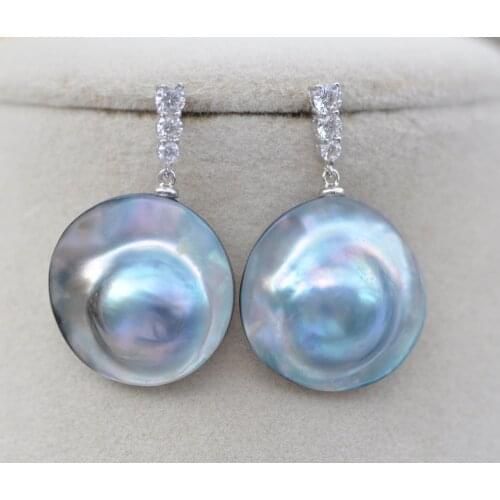 Z10937 Huge 22mm Blue Round South Sea Mabe Pearl Dangle Earring CZ
