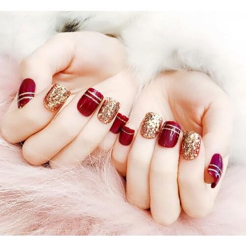 Bridal Wedding Beauty Full Cover Nail Art Tips with Glue Women Simple Fashion Wine Red Color Gold Glitter False Nails