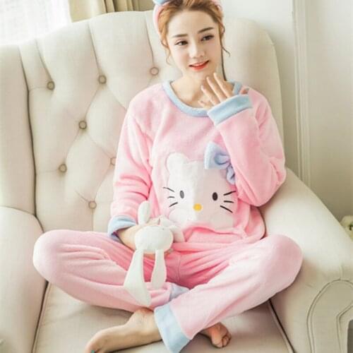 CFYH Women Autumn Winter Animal Cat Adult Pajamas Full Sleeve Soft Flannel Pajama Sets Coral Fleece Pijama Cosplay Animal Pajama