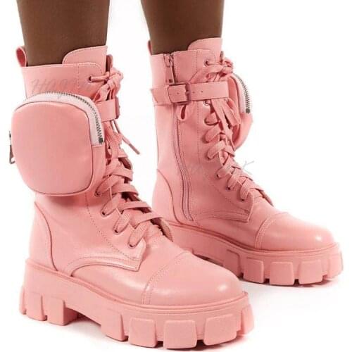 Women Boots 2020 Fashion Chunky Boots Pocket Platform Boots White Shoes For Women Autumn Winter Boots High Heels Botas Mujer