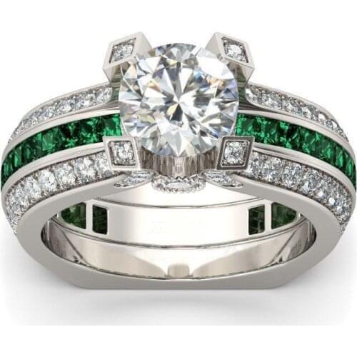 Hainon Luxury Female Ring Sets Silver Color Filled Jewelry Vintage promise Rings For Women Green Zircon Wedding Engagement Rings