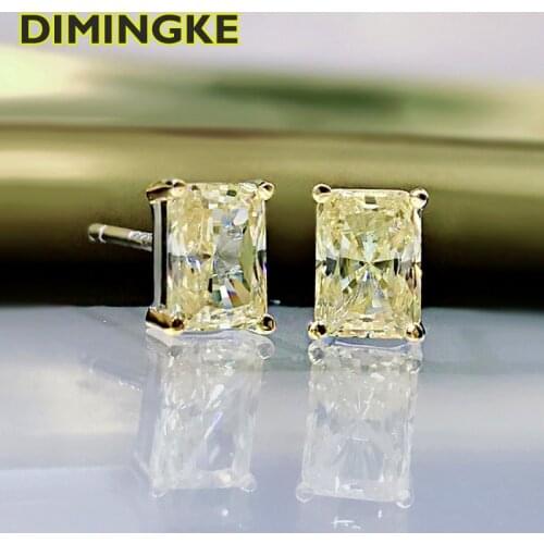 DIMINGKE 7*9MM Rectangle Yellow White High Carbon Diamond Stud Earrings 100%-S925 Sterling Silver Woman Jewelry Party Wedding