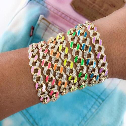 2021 Top quality rainbow Neon enamel red green yellow white charm bracelet for women colorful cuban chain hip hop party jewelry