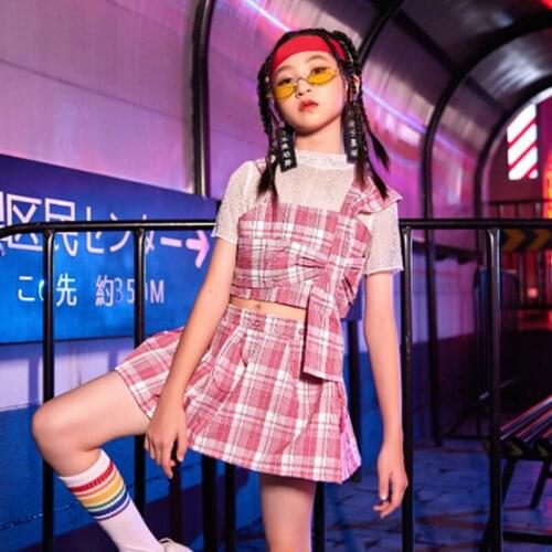 Girls Catwalk Show Stage Costume Kids Summer Hiphop Street Dance Performance Clothing Pink Lattice Street Dance Wear VDB4071