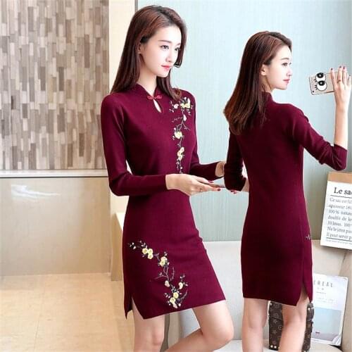 Improved cheongsam autumn and winter womens Slim was thin package hip retro dress long section of the new long-sleeved knit dre