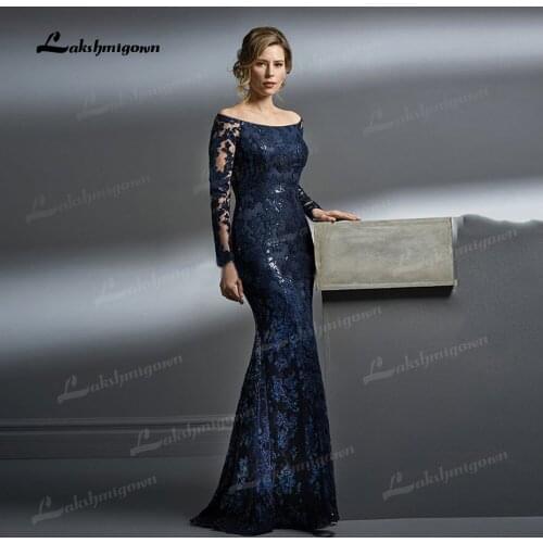 Elegant Royal Blue Lace Mother of the Bride Dresses Mermaid Off Shoulder Long Sleeves Wedding Guest Gowns Appliqued dress woman