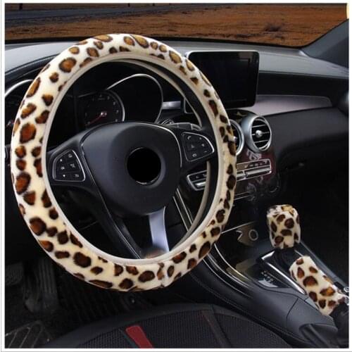 3pcs/Set Leopard Print Plush Elastic Section Steering Wheel Cover DIY Car Steering Wheel Cover Handbrake Cover
