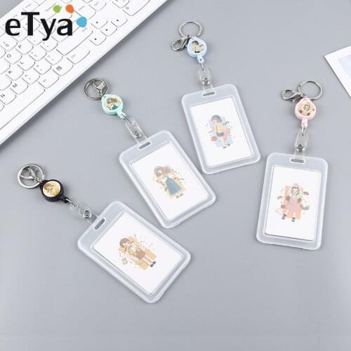 ETya New Retractable ID Card Holder Women Men Bank Bus Cards Cover Work Badge Case Keychain Keyring Cartoon Protective Pouch