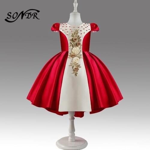 Beading Flower Girl Dresses HT187 O-Neck Short Sleeve Formal Kids Pageant Dress Embroidery Appliques Girls Princess Ball Gowns