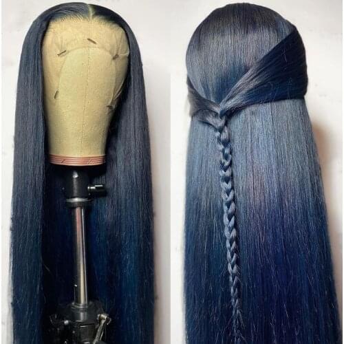 Long Straight Human Hair Lace Front Wigs With Baby Hair Remy Hair Dark Blue Free Part Lace Wigs Glueless Preplucked For Women