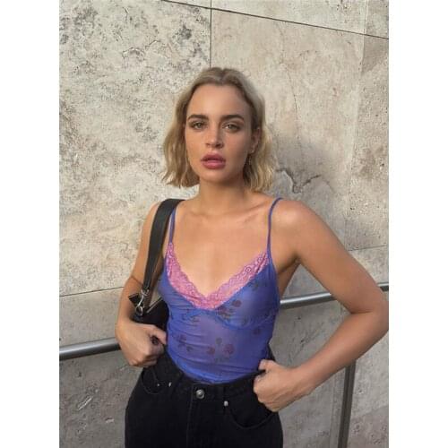 Women Lace Camisole Sexy Deep V Neck Spaghetti Strap Floral Print Crop Cami Casual Patchwork Ribbed Y2K Top Y2k Streetwear