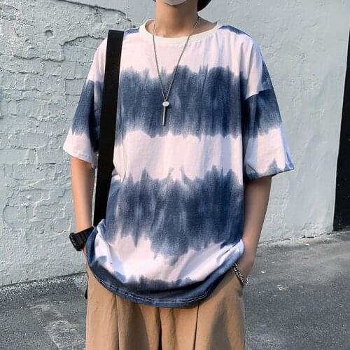 Gradient Striped Tie-dye T-shirt Men and Women Couples Summer Harajuku Style Short-sleeved Loose Wild Five-point Sleeve Tide