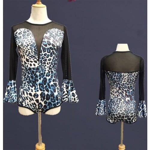 Leopard Mesh Latin Top Long Sleeved T-shirt Girls Stage Competition Dancewear Sexy Latin Ballroom Samba Dancing Practice Costume