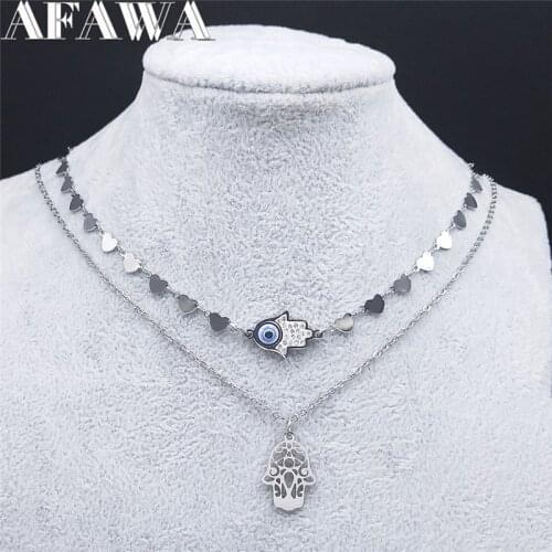 2PCS Hamsa Hand Stainless Steel Crystal Turkey Eye Islam Muslim Necklaces Women Silver Color Necklaces Jewelry cadena N9026S01
