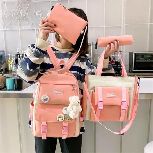 4 Pcs Set Women BackPack Purses Canvas School Bag for Teenage Girls Kawaii College Bagpack Student Book Bag Rucksack Handbag