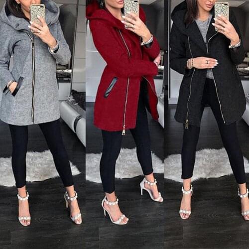 Autumn Winter Plus Size Fashion Women Coat Solid Color Zip up Long Sleeve Hooded Jacket Coat Outerwear Long Section Womens Coat