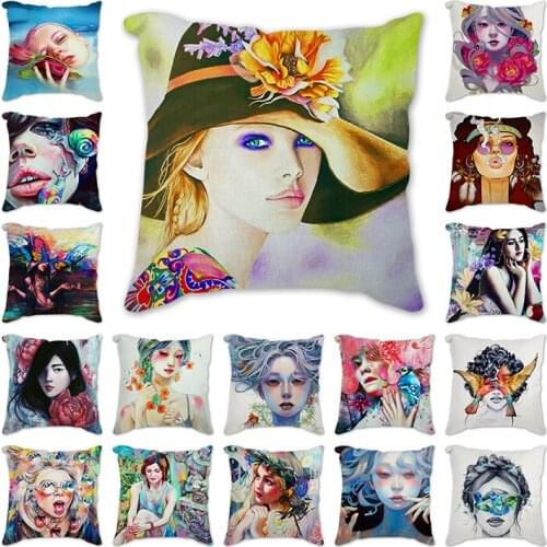 Cushion Covers Woman portrait Printed Linen / Cotton Pillow Cover Sofa Cushion Home Decorative Pillows Pillowcase for Sofa gift