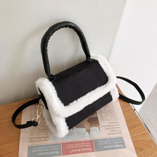 Splicing PU Plush Crossbody Bag Vintage Women Casual Shopping Travel Square Shoulder Bags Autumn Street Flap Handbag