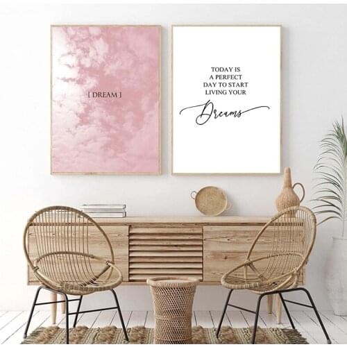Scandinavian Quote Posters Dream Inspirational Canvas Prints Blush Pink Clouds Painting Picture Pink Bedroom Wall Art Decor