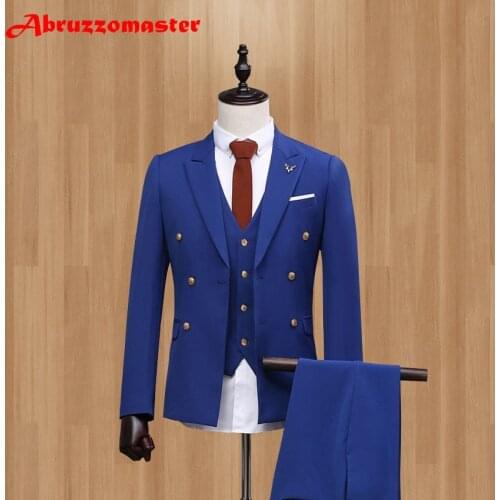 Slim Fit Royal Blue 2020 Prom Men Suits Terno Slim Fit Double Breasted Terno Masculino Wedding Tuxedo for Men (Jacket+Vest+Pant)