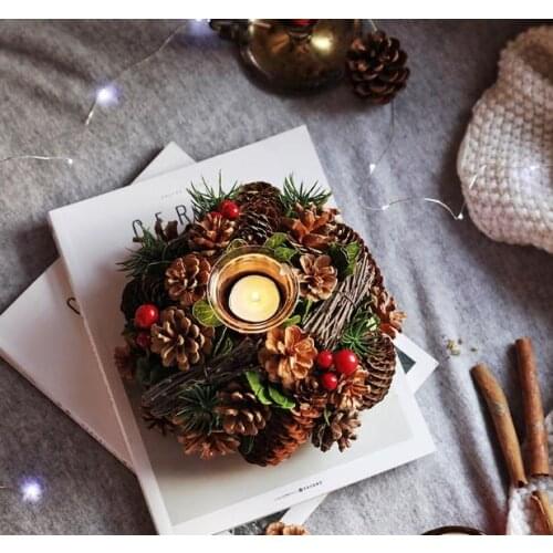 Pine Cones Christmas Wreath Ring Glass Candle Holders with Berries Branch Leaves Farmhouse Candle Holders Xmas Tabletop Decor