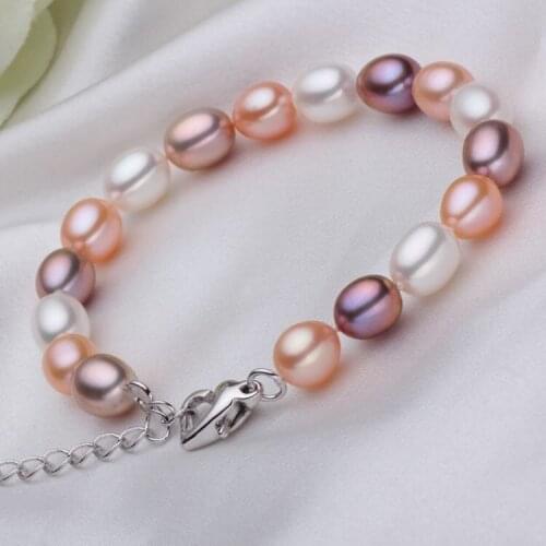 Versatile color meter shaped single row pearl bracelet, love clasp extension chain, 7-8mm strong light flawless