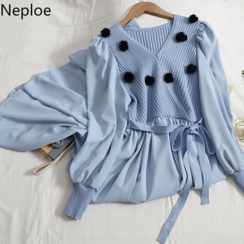 Neploe Maxi Dresses for Women 2021 Fall Robe Patchwork Knitted Vestidos De Mujer Lace Up Slim Waist Big Swing Elegant Dress