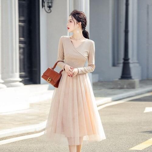 New 2021 Elegant Korean Chic Woman V Neck Fake Two Piece Autumn Vestido Mesh Patchwork A Line Dress Female Clothing