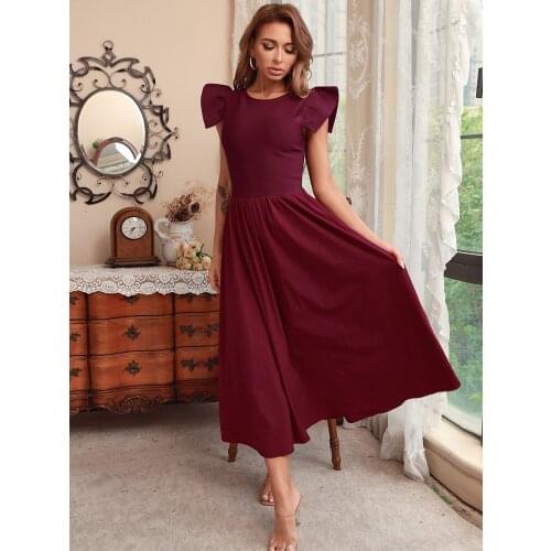2021 Women Fashion O Neck Sleeveless Ruffles Wine Red Black High Waish Mid A Line Dress Elegant Women Office Work Dress Vintage