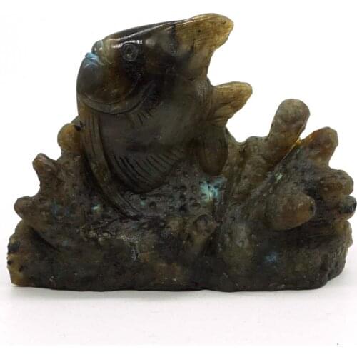 4.13" Natural Flash Labradorite Fish Figurine Carved Stone Animal Statue Healing Reiki Home Office Decor