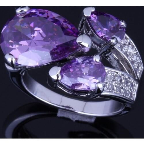 Glittering Big Pear Purple Cubic Zirconia White CZ Silver Plated Ring V0150