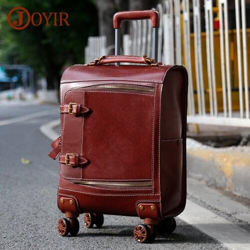 JOYIR Luxury Suitcases and Travel Bags Luggage Women Men Genuine Leather Business 20" Suitcase Wheels Vintage Cabin Trolley Bag